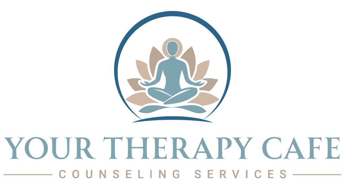 Logo of a therapy counseling service featuring a meditative figure and leaves.