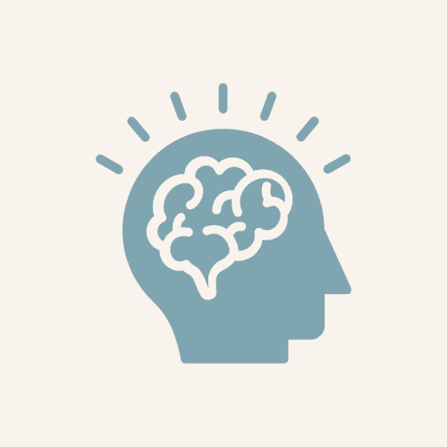 Illustration of a human head with a brain and light rays symbolizing ideas.