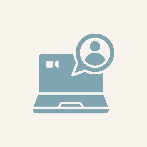 Icon of a laptop with video call and user profile symbol.